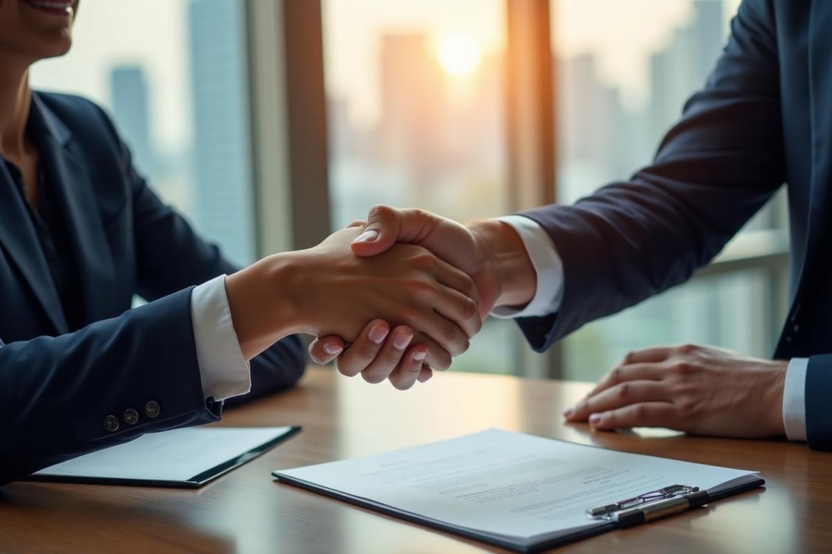 Successful business acquisition deal closing with handshake in New York City office with city skyline view