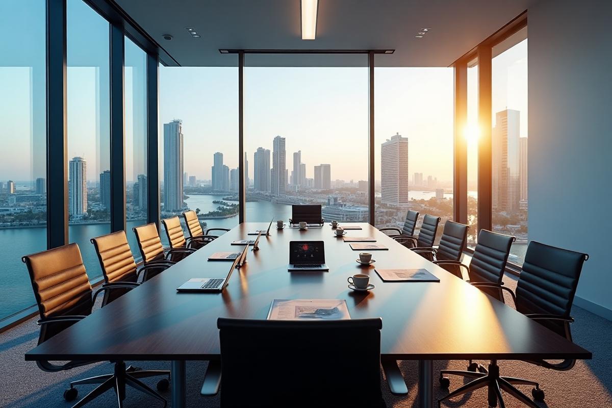 Modern New York City executive boardroom with polished conference table, business documents and Midtown skyline view through floor to ceiling windows