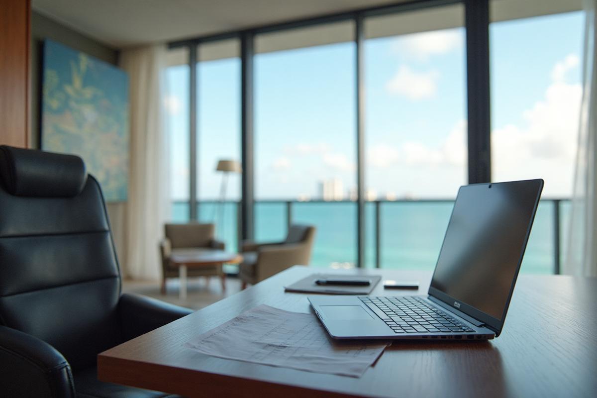 Modern New York City executive office with legal documents and laptop overlooking the Manhattan skyline for cross border M&A transactions