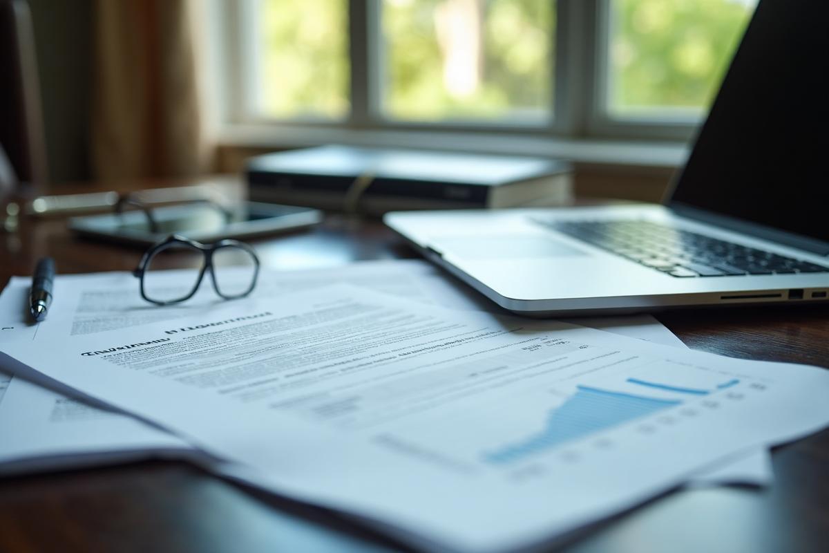Professional business documents and financial statements on executive desk in New York City office setting