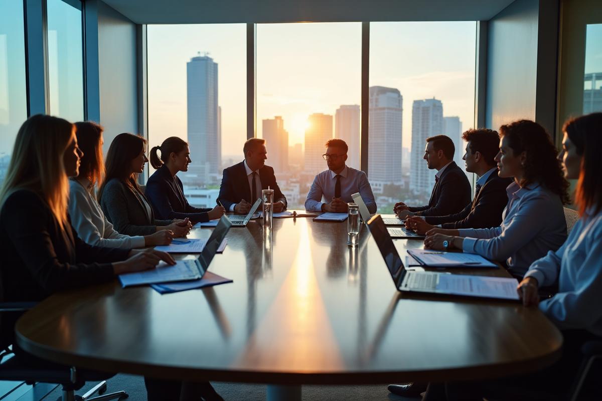 Professional New York City due diligence meeting in modern Midtown office with diverse business professionals reviewing documents