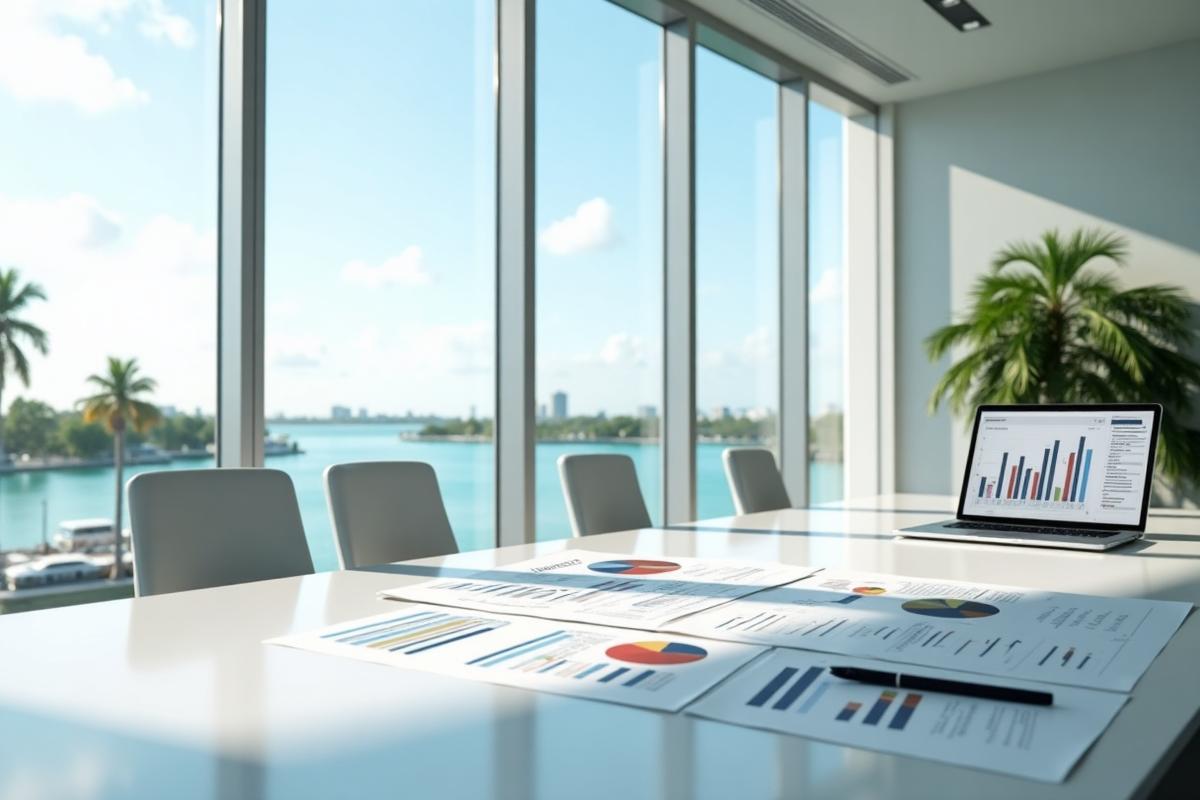 Business professionals reviewing financial analysis documents in New York City office with skyline visible through windows