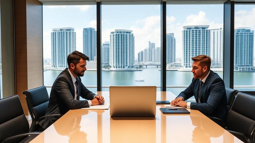 Business professionals in New York City conference room discussing acquisition deal with Manhattan skyline view