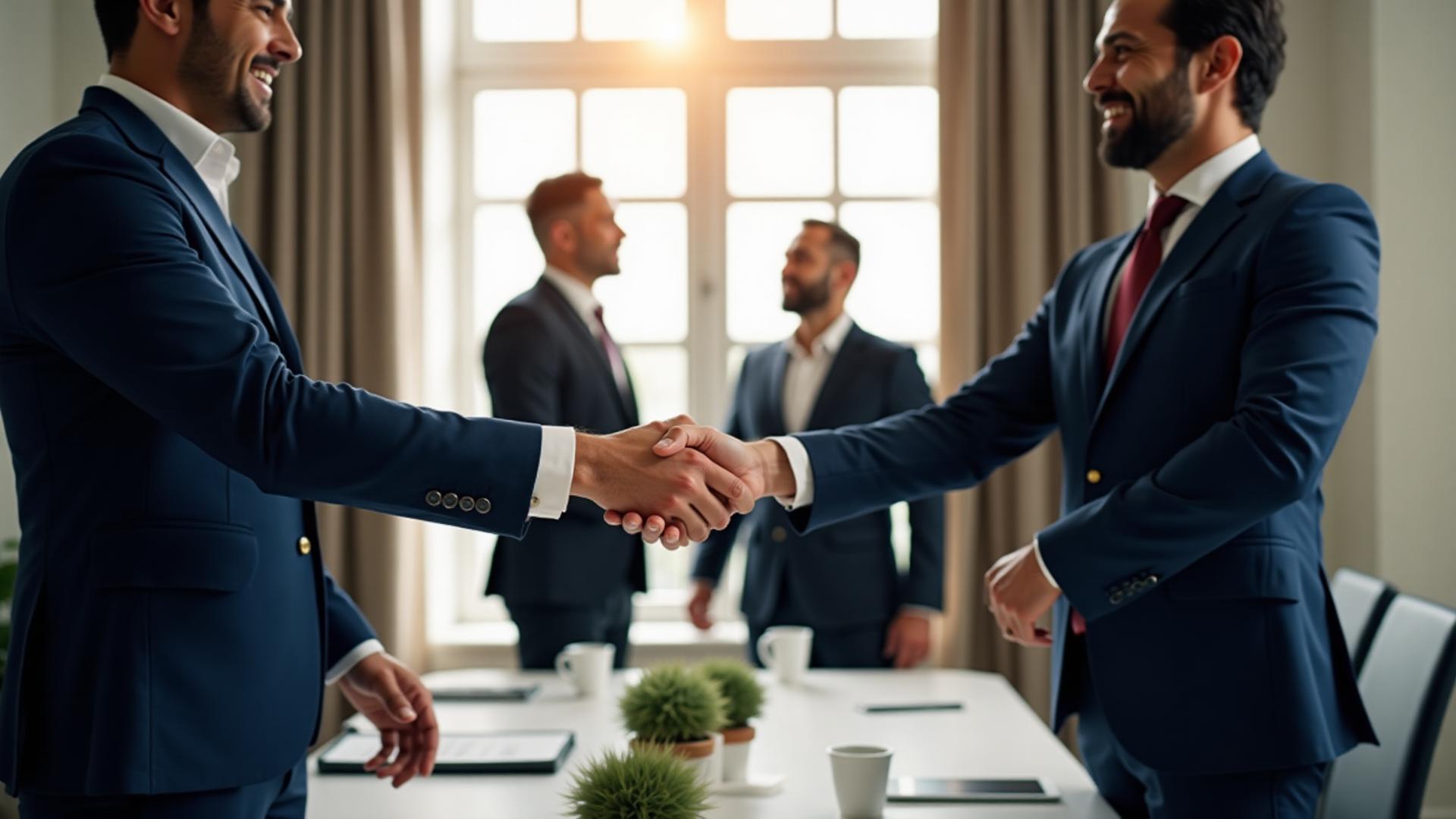 Business handshake in New York City boardroom after successful merger closing with professional advisors and attorneys present