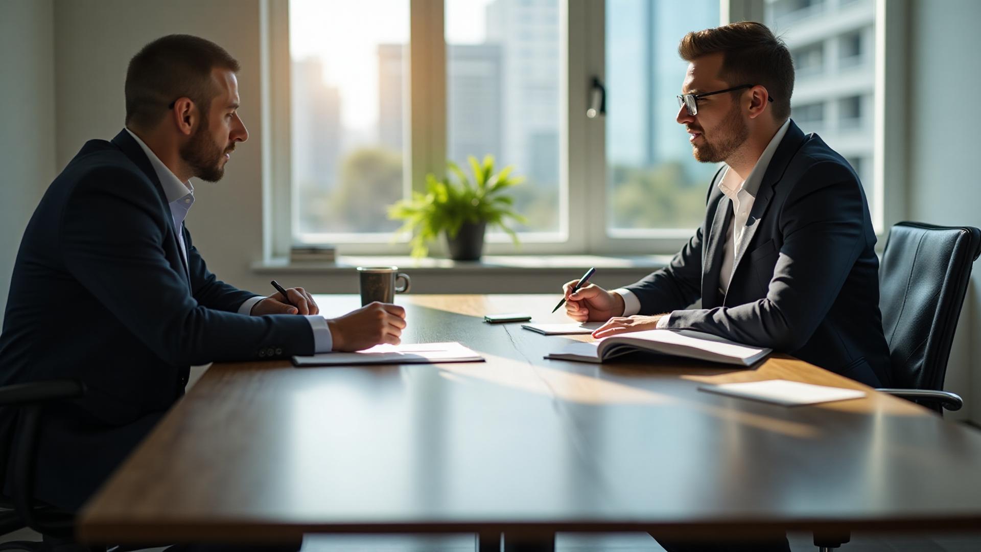 Professional business meeting in New York City office with executives reviewing merger and acquisition documents and strategic planning materials