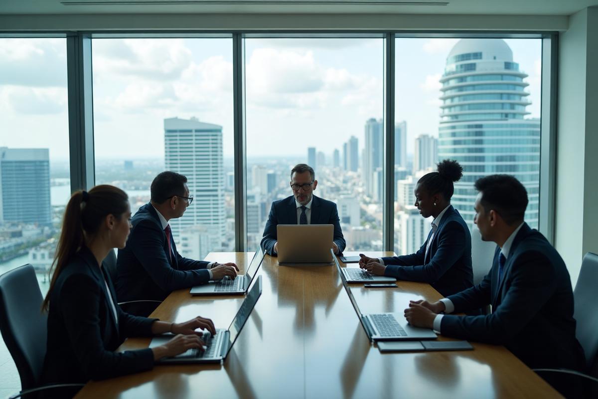 New York City tech company executive boardroom meeting discussing acquisition strategy with growth charts