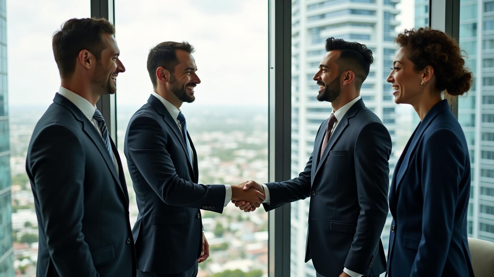 Business executives celebrating successful merger and acquisition deal in New York City
