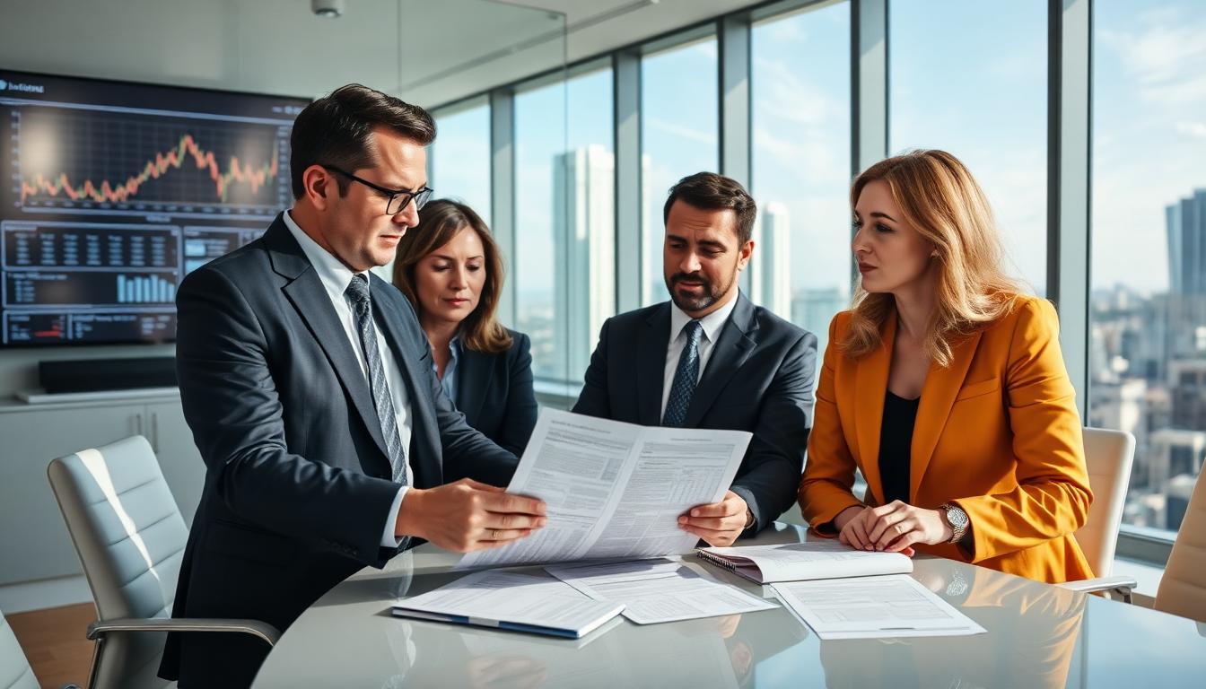 Professional business executives in New York City office reviewing failed merger documents with financial charts showing declining performance