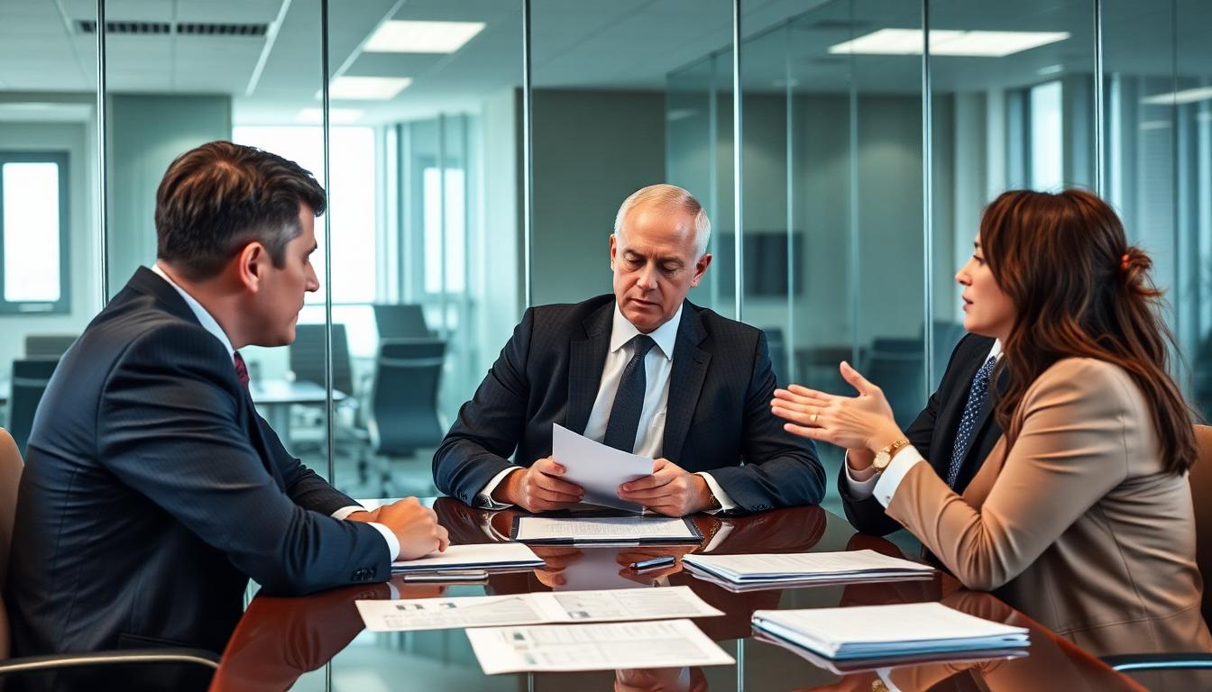Business professionals in New York City conference room having difficult negotiation with tension visible during M&A discussions